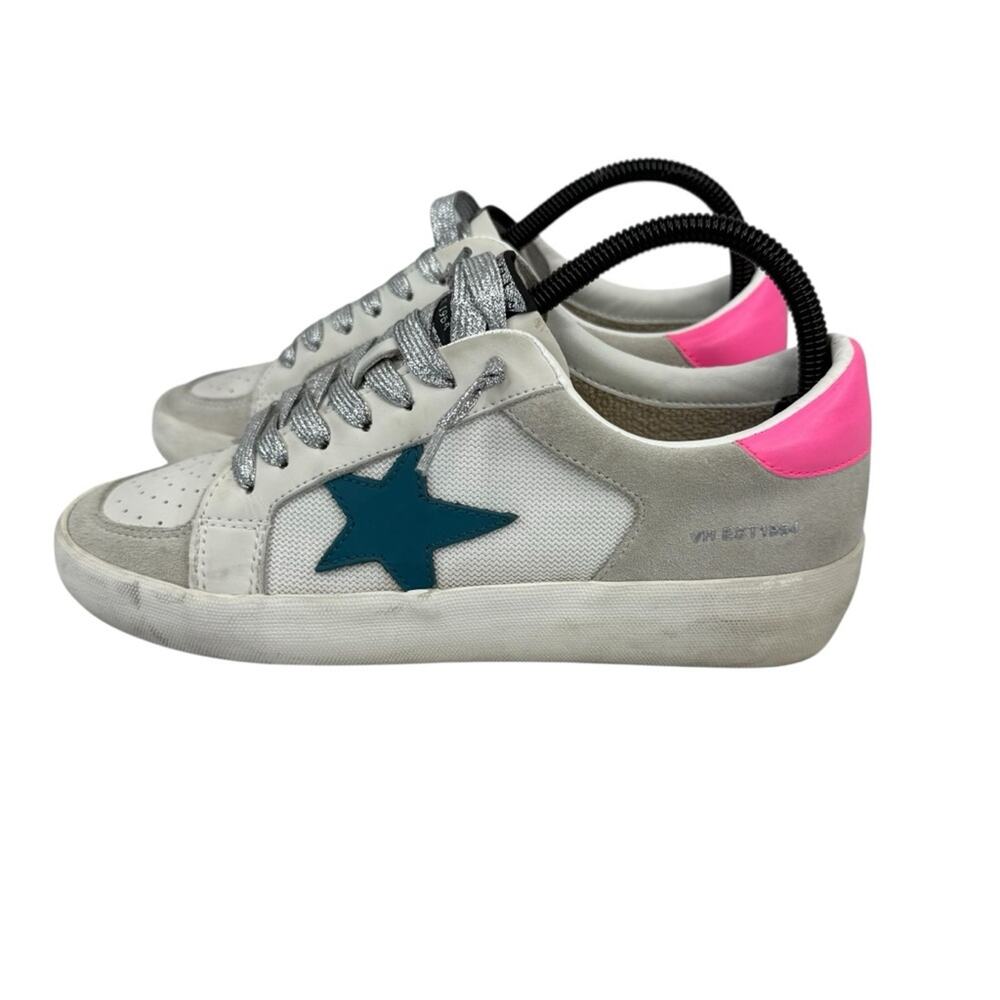 VINTAGE HAVANA Kenna Croc Embossed Leather Sneaker In White/grey/pink Pop Sz 8 - Picture 3 of 16